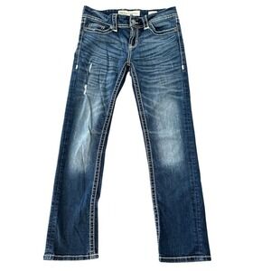 BKE Addison Crop Jeans Womens 27 Dark Wash‎ Distressed Low Rise White Stitching